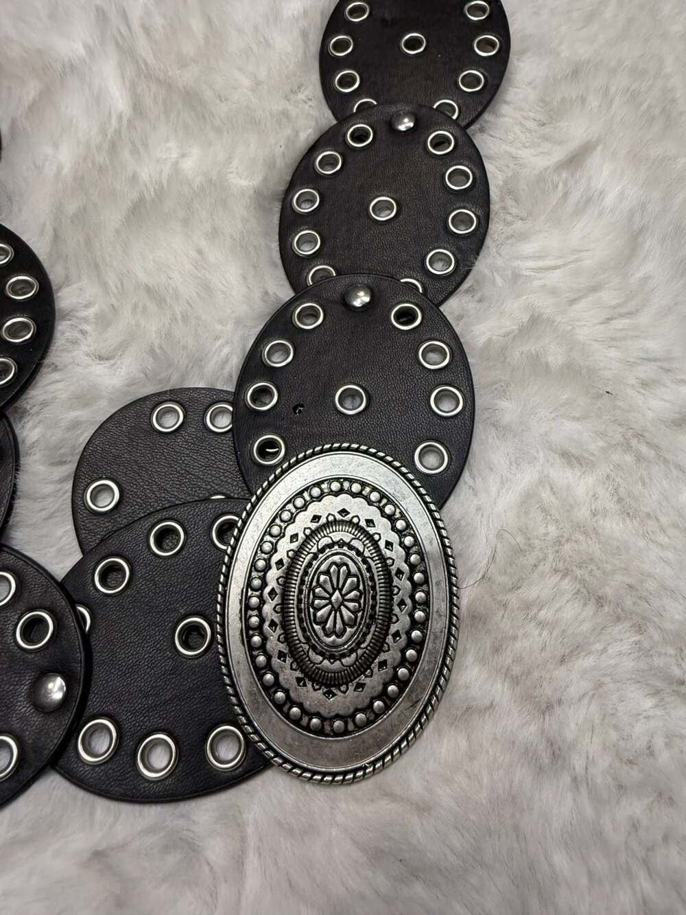 Women's Western Bohemian Style Black Disc Concho Belt with Floral Buckle
